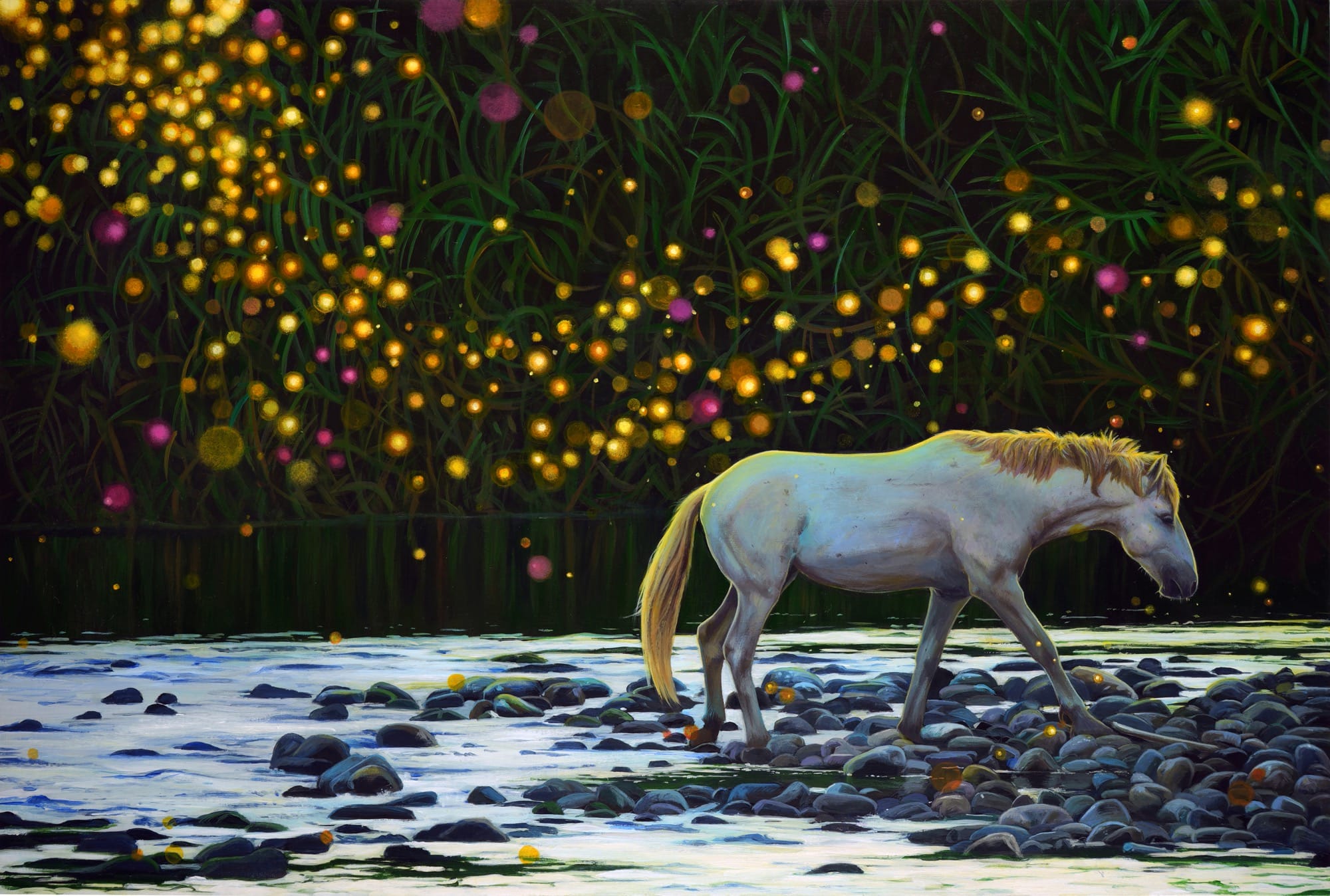 an acrylic painting of a white horse walking on the banks of a river, with glowing yellow spots in the background like fireflies