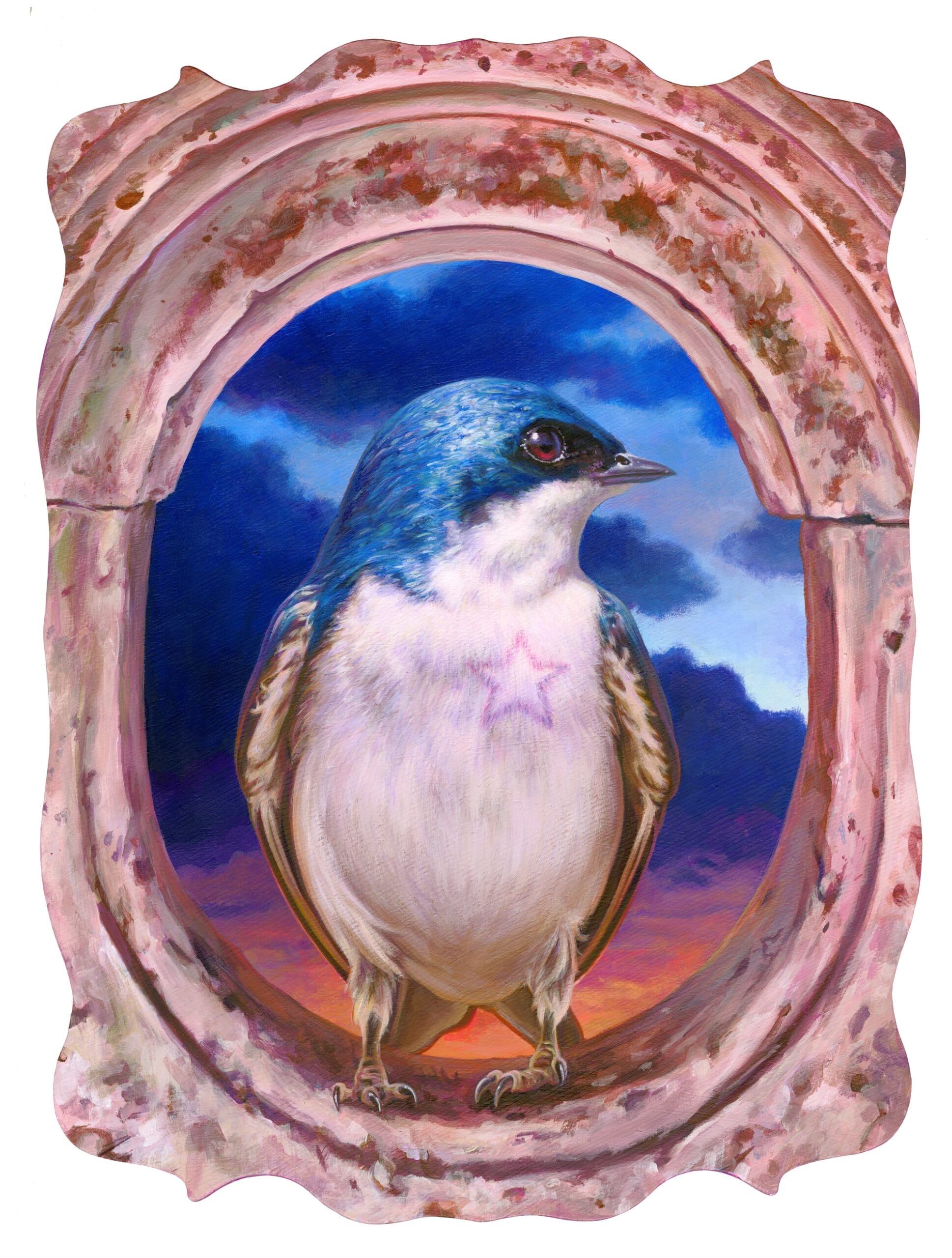 an acrylic painting on a wood panel of a bluebird with a star on its breast, perched in a painted frame, which has been cut and shaped around the edges