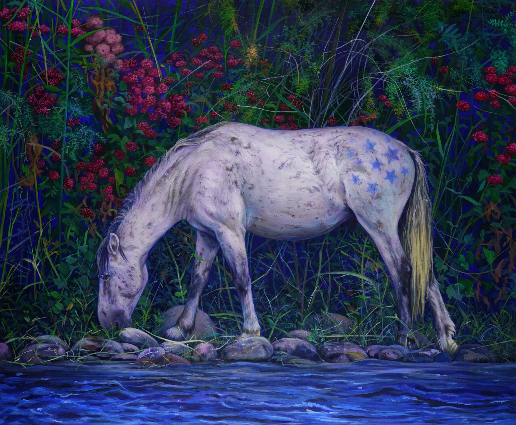 an acrylic painting of a white speckled horse eating on the shore of some water, with dense foliage behind it