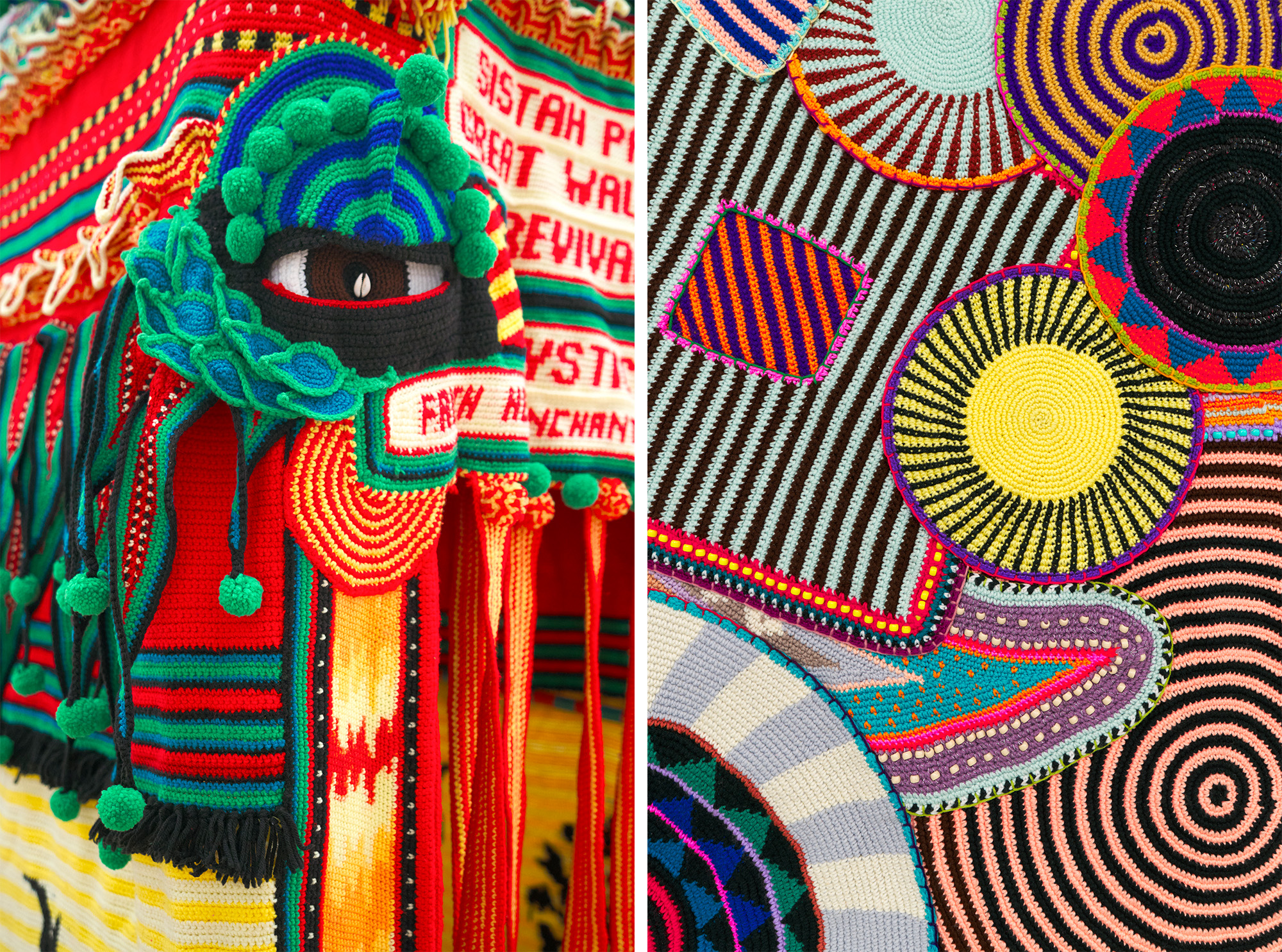 two side-by-side images showing abstract details of colorful crochet