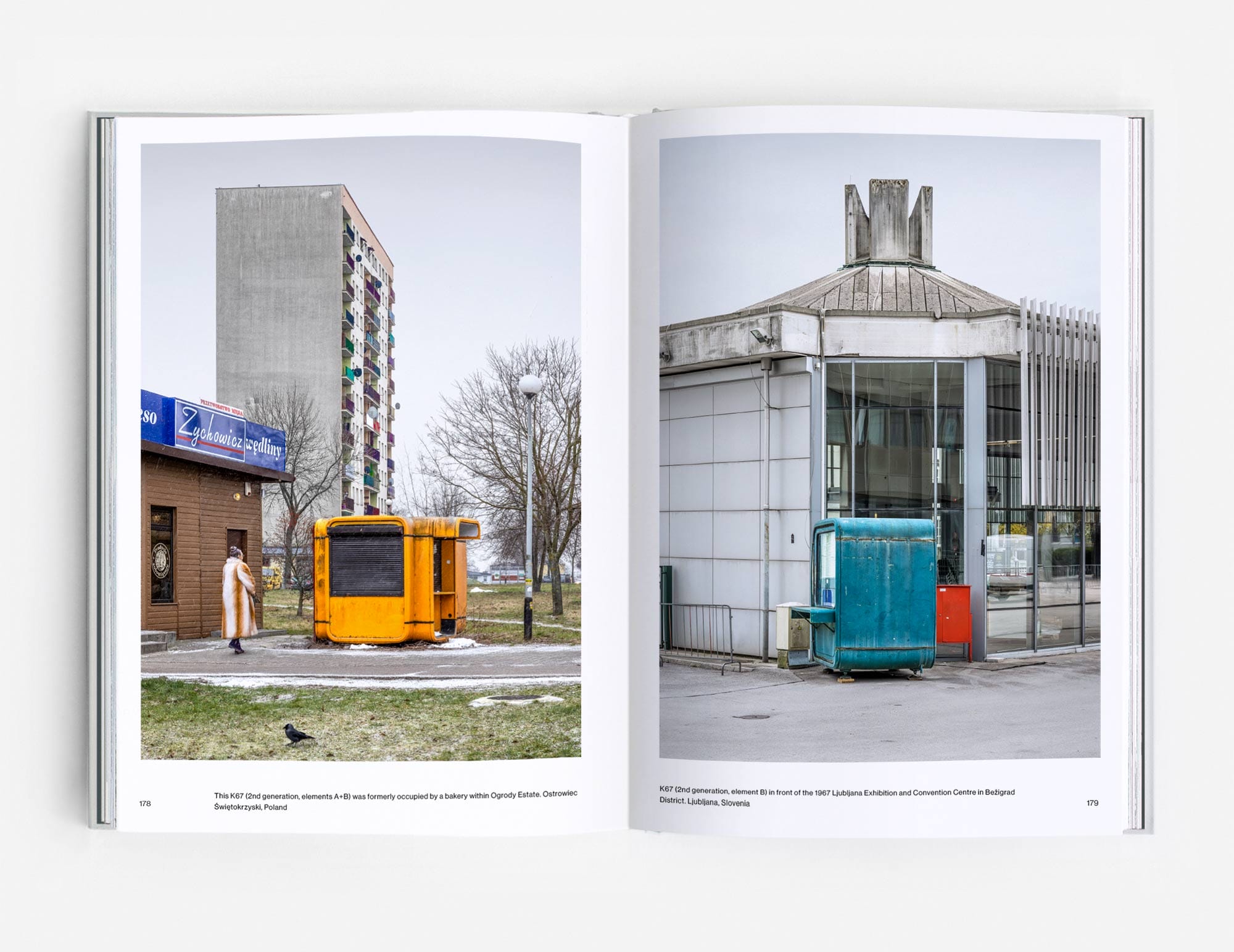 a spread from the book 'Kiosk' showing two photographs side-by-side of modernist kiosks, one yellow and one turquoise, foregrounding other Soviet-era buildings