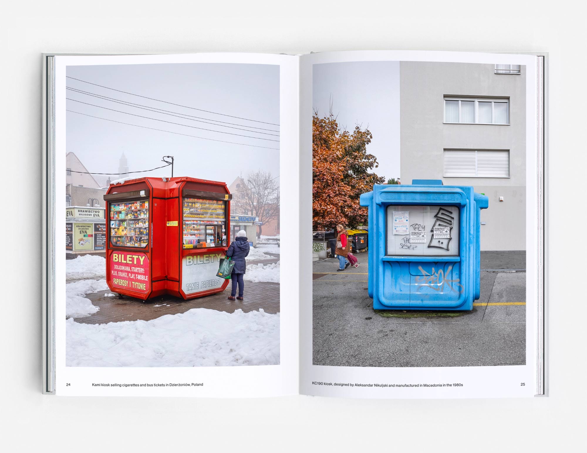 a spread from the book 'Kiosk' showing two pages side-by-side of modernist kiosks, one red and one blue