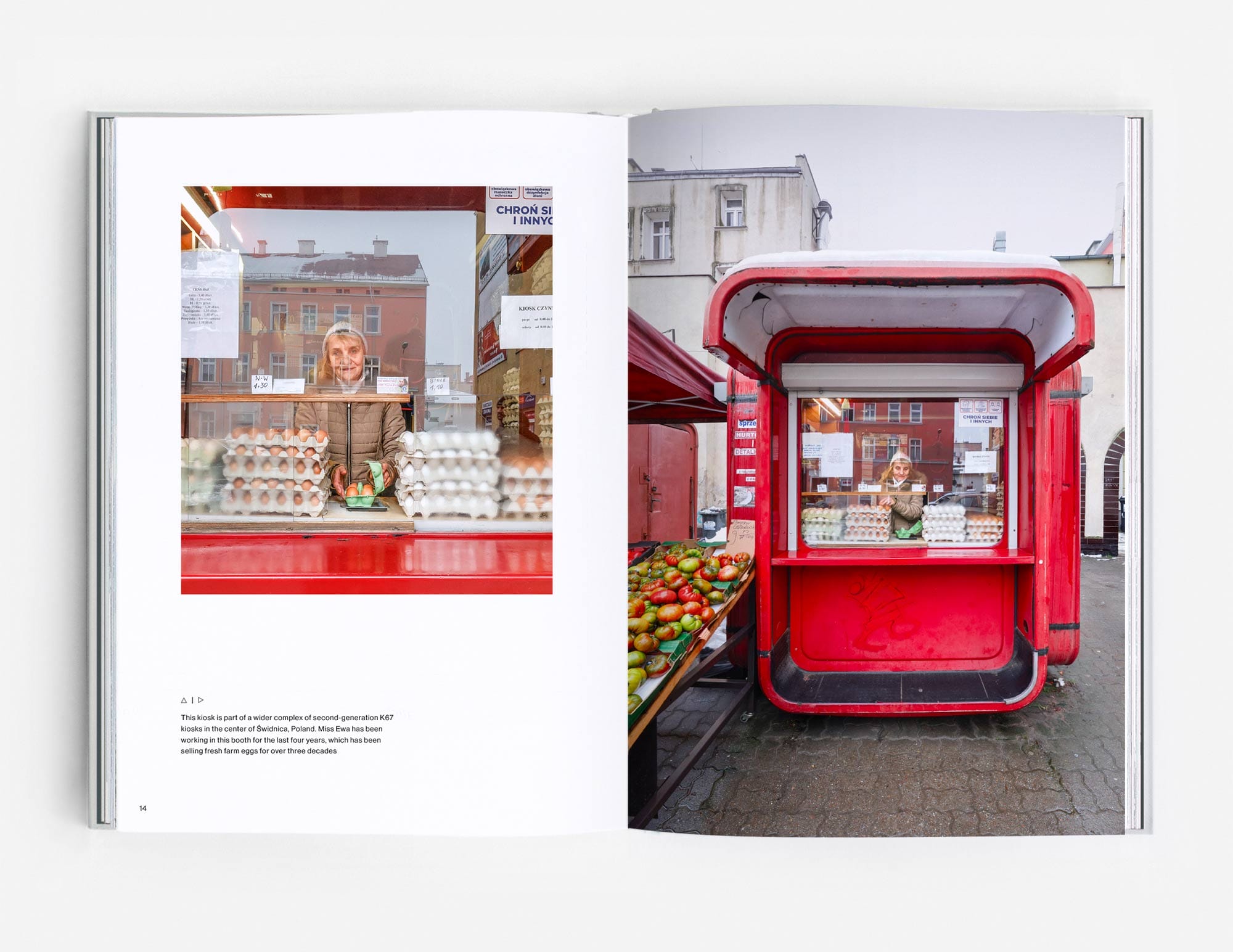 a spread from the book 'Kiosk' showing a woman standing in a bright red, modernist kiosk, selling eggs
