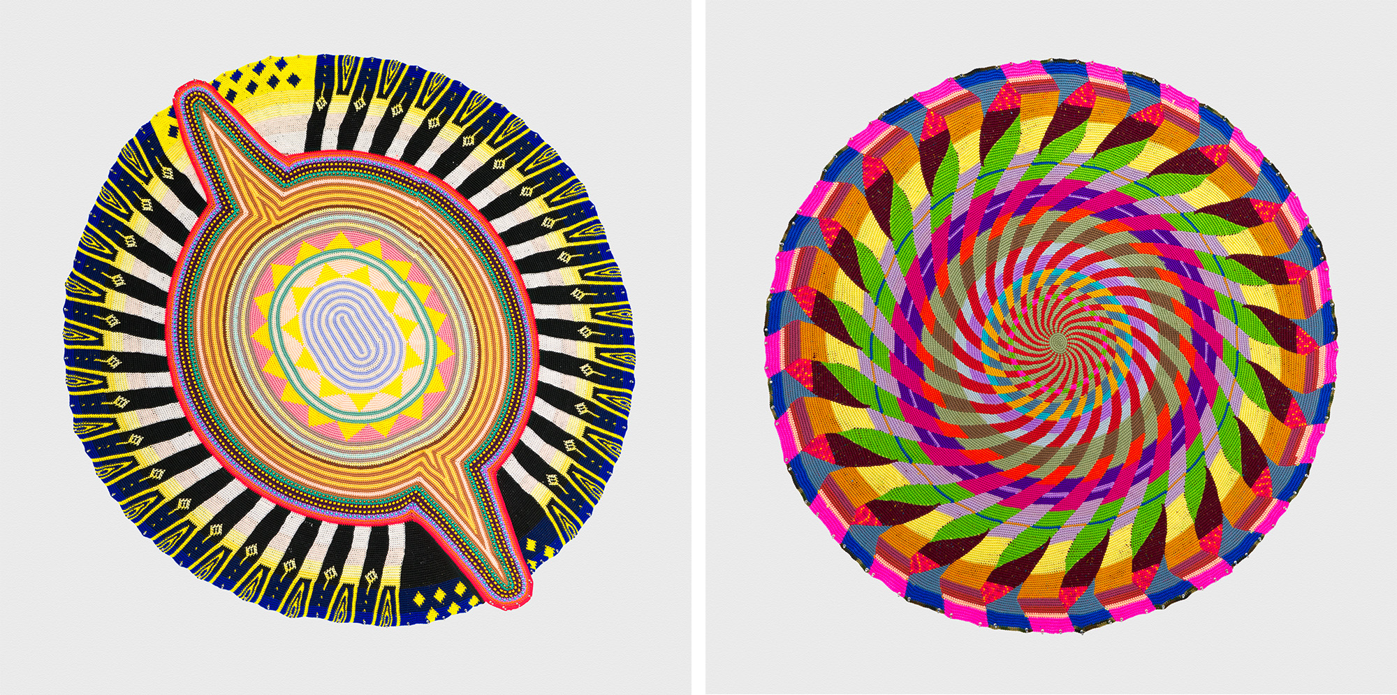 two side-by-side images of brightly colored, mandala-like, crocheted wall works