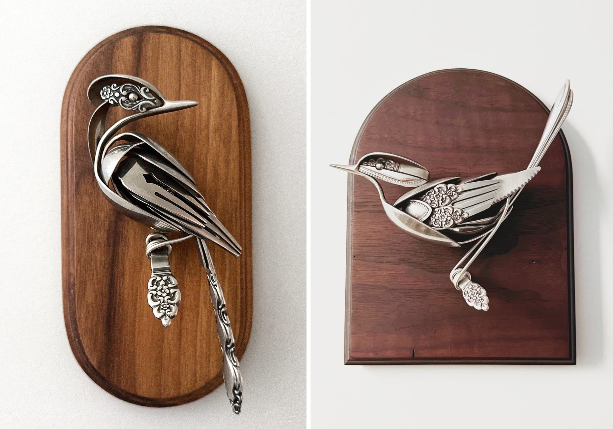 left: against an oval wooden frame background, a metal bird made from repurposed silverware perches. right: against an arched wooden frame background, a metal bird made from repurposed silverware perches