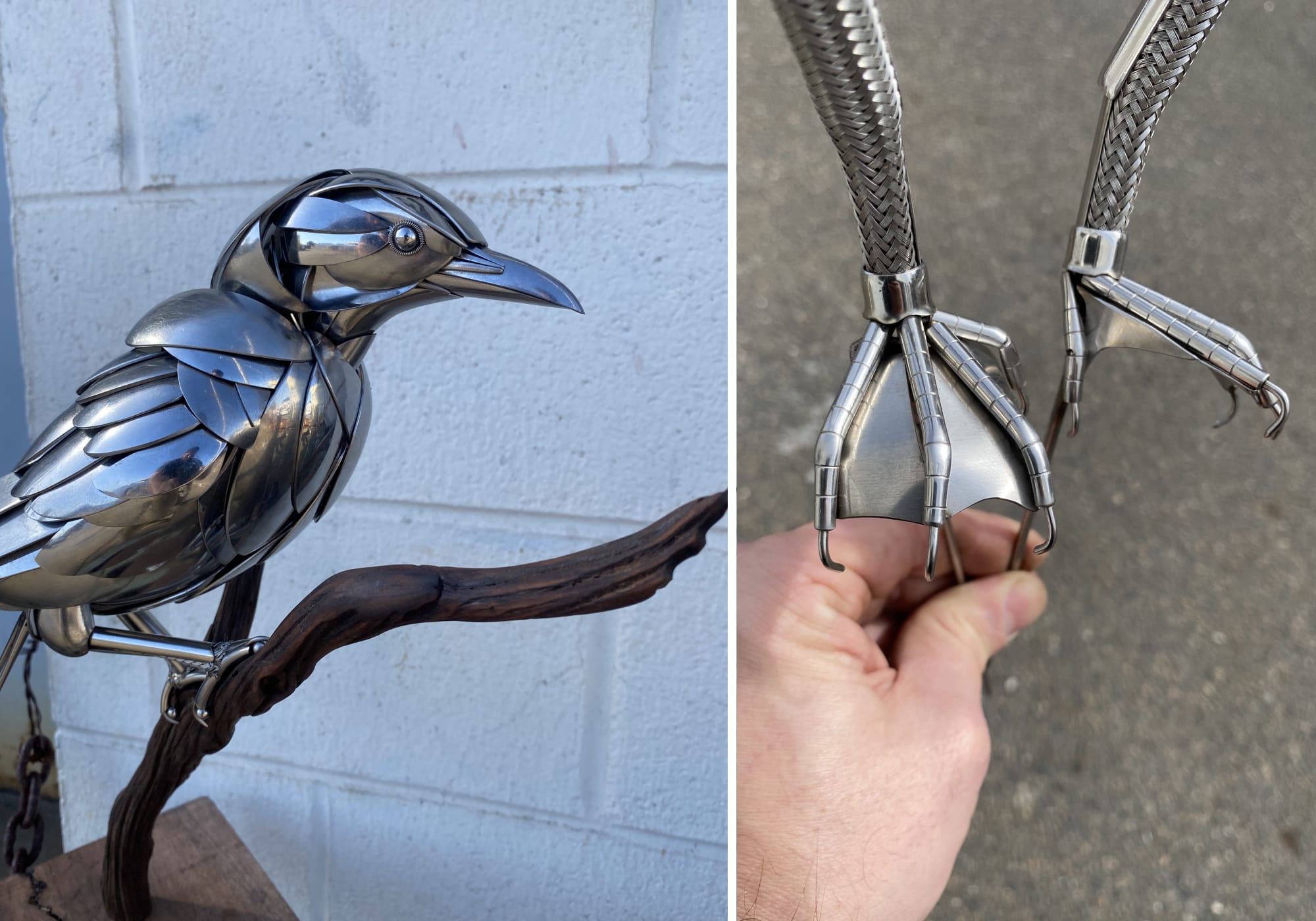 left: a metal bird made from repurposed silverware perches upon a branch. right: detail of metal bird feet