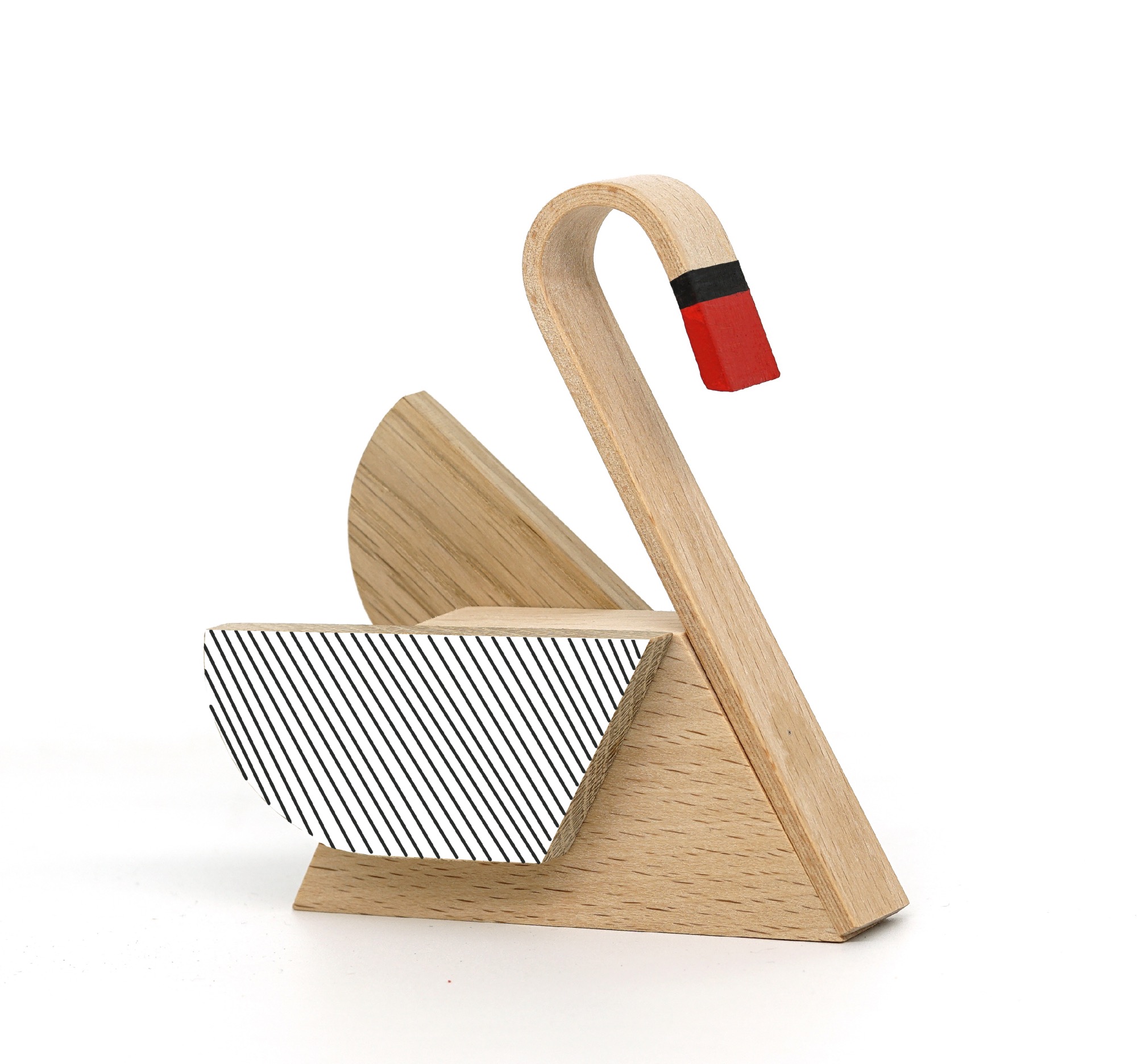 a geometric wooden toy shaped like a modular swan