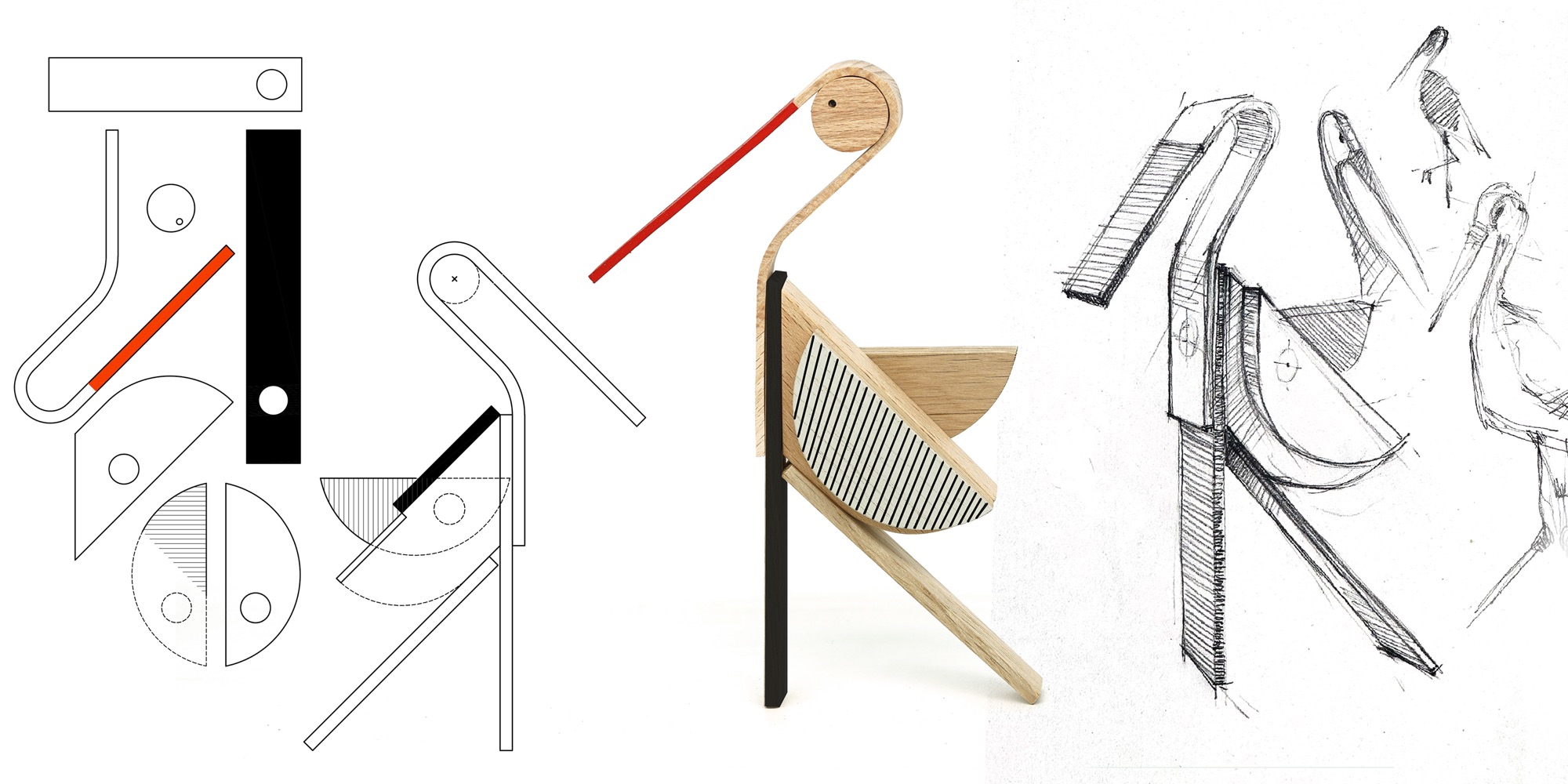 mockup sketches and renderings of a modular, geometric wooden toy of a bird