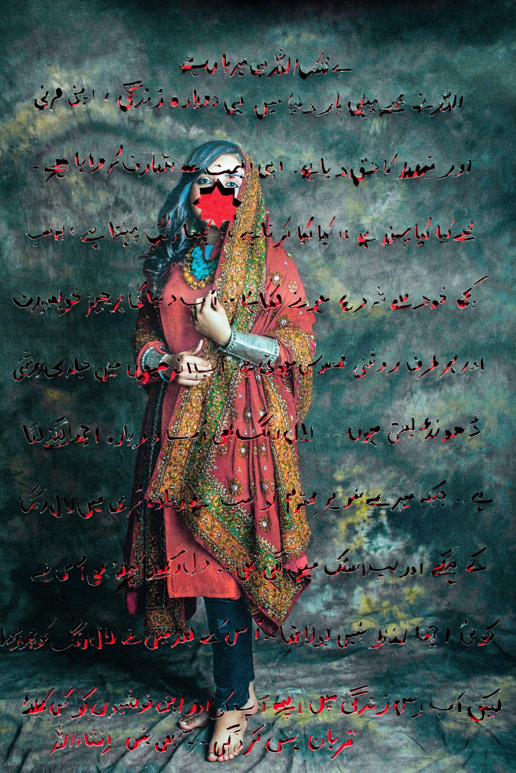 a black-and-white photograph of an anonymous south Asian woman that has been cut into patterns of text with red paper shows through from the back