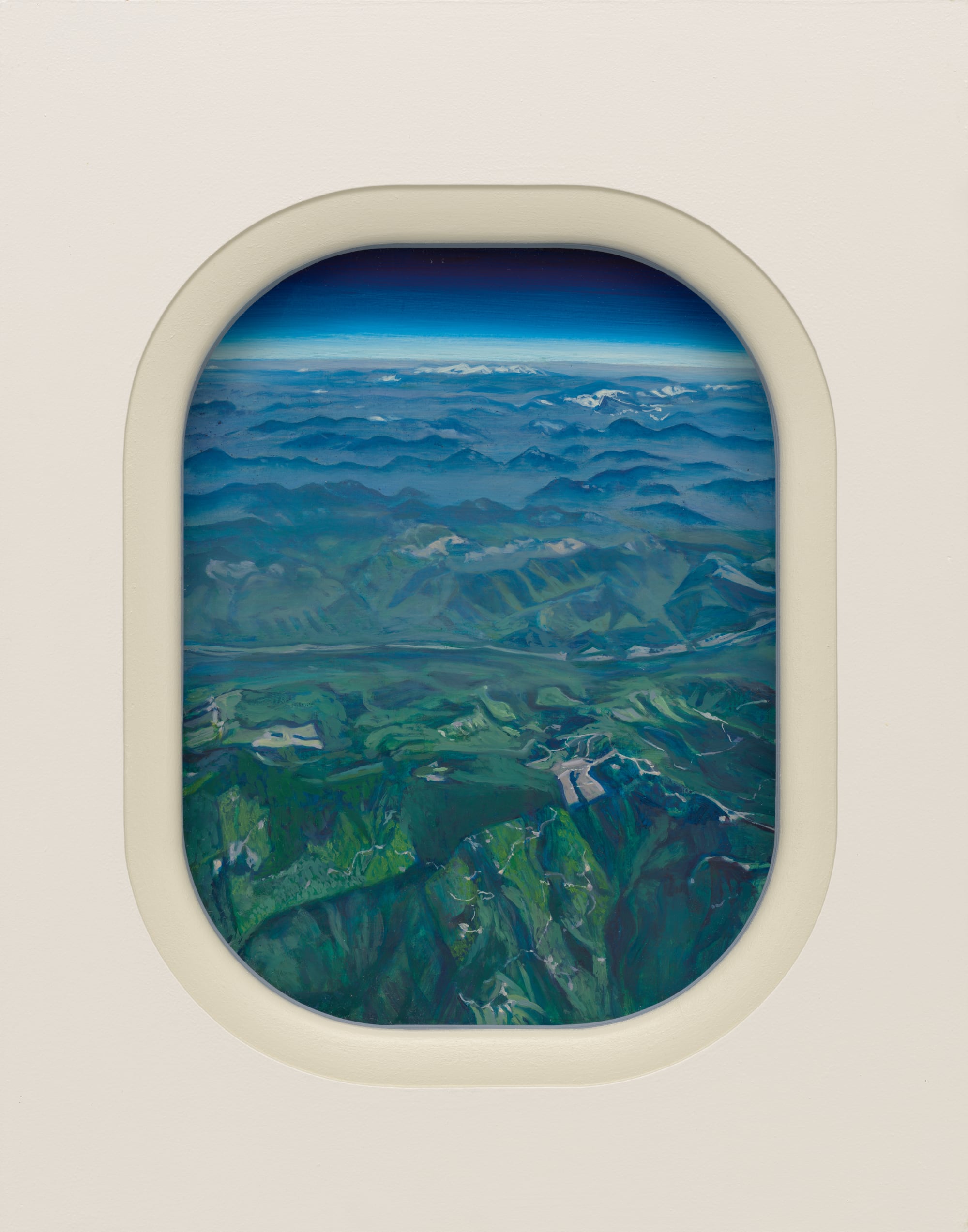 a mountain landscape painting through an airplane-like window