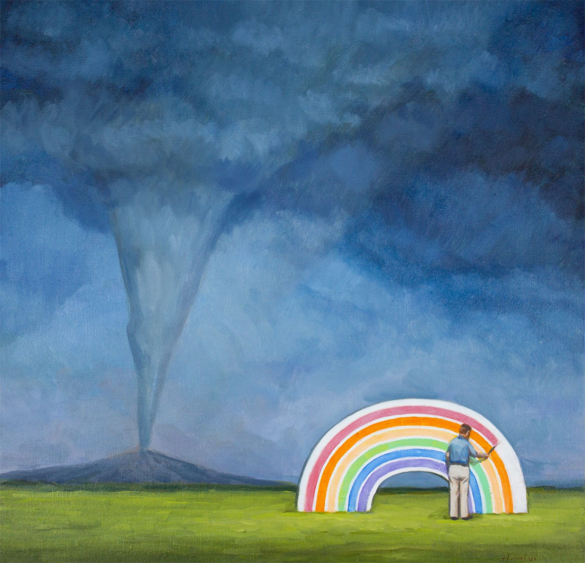 a man paints a rainbow while a massive funnel appears above a distant mountain
