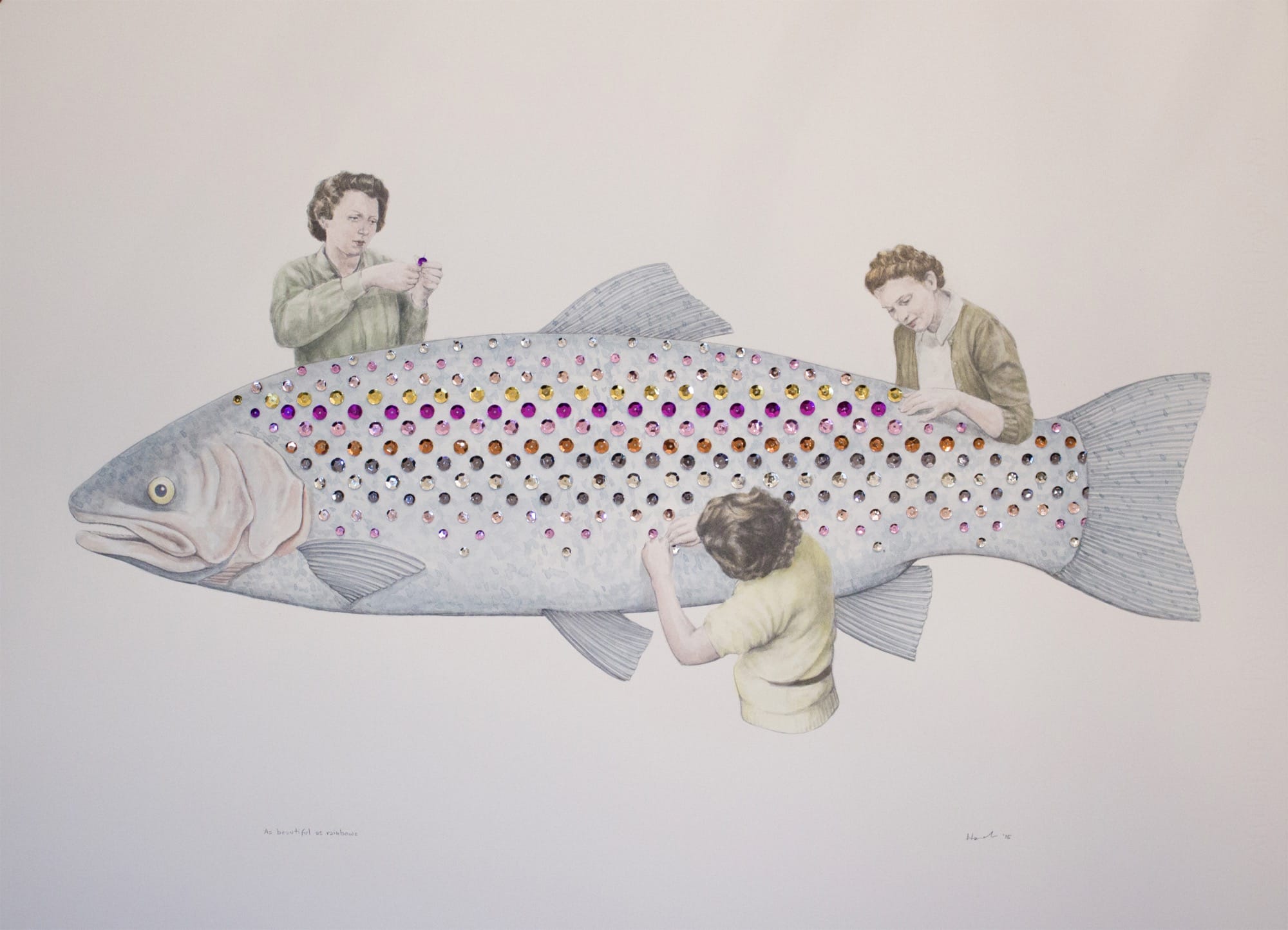 three women stitch colorful sequins onto a massive fish