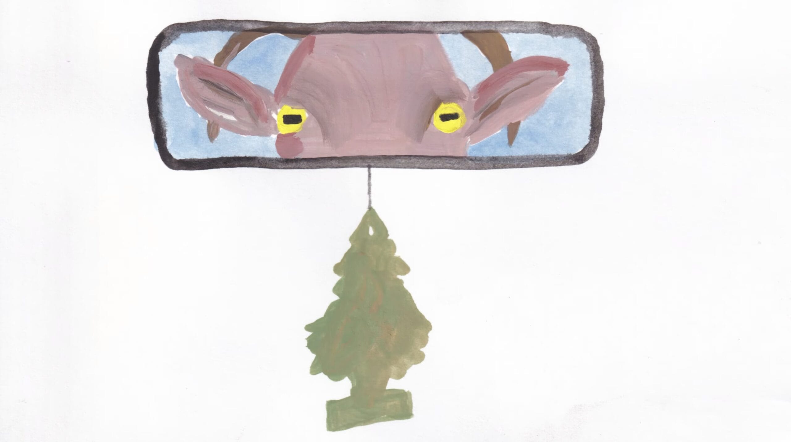 a rear-view mirror in a car shows the eyes of a goat and a tree air freshener
