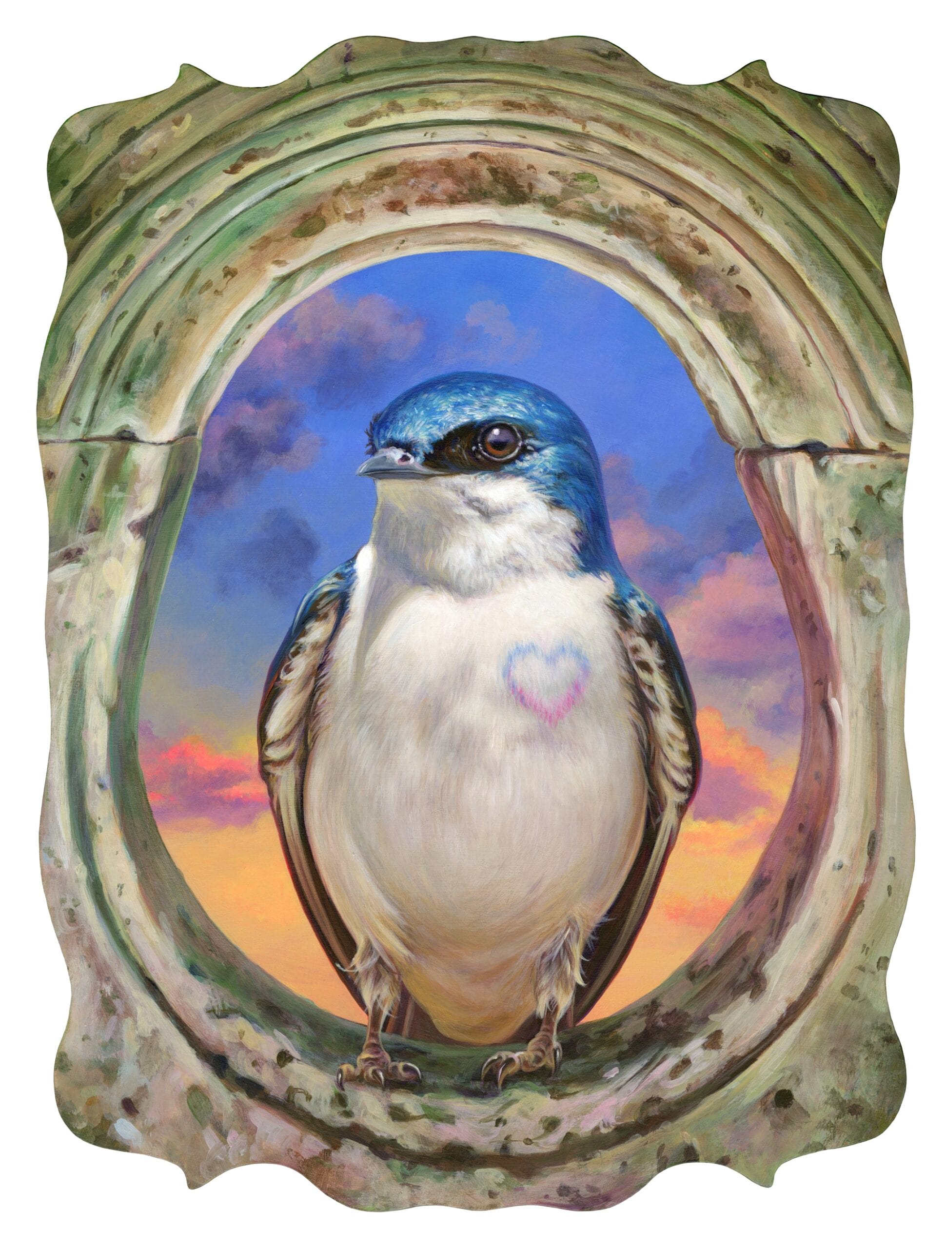 an acrylic painting on a wood panel of a bluebird with a heart on its breast, perched in a painted frame, which has been cut and shaped around the edges
