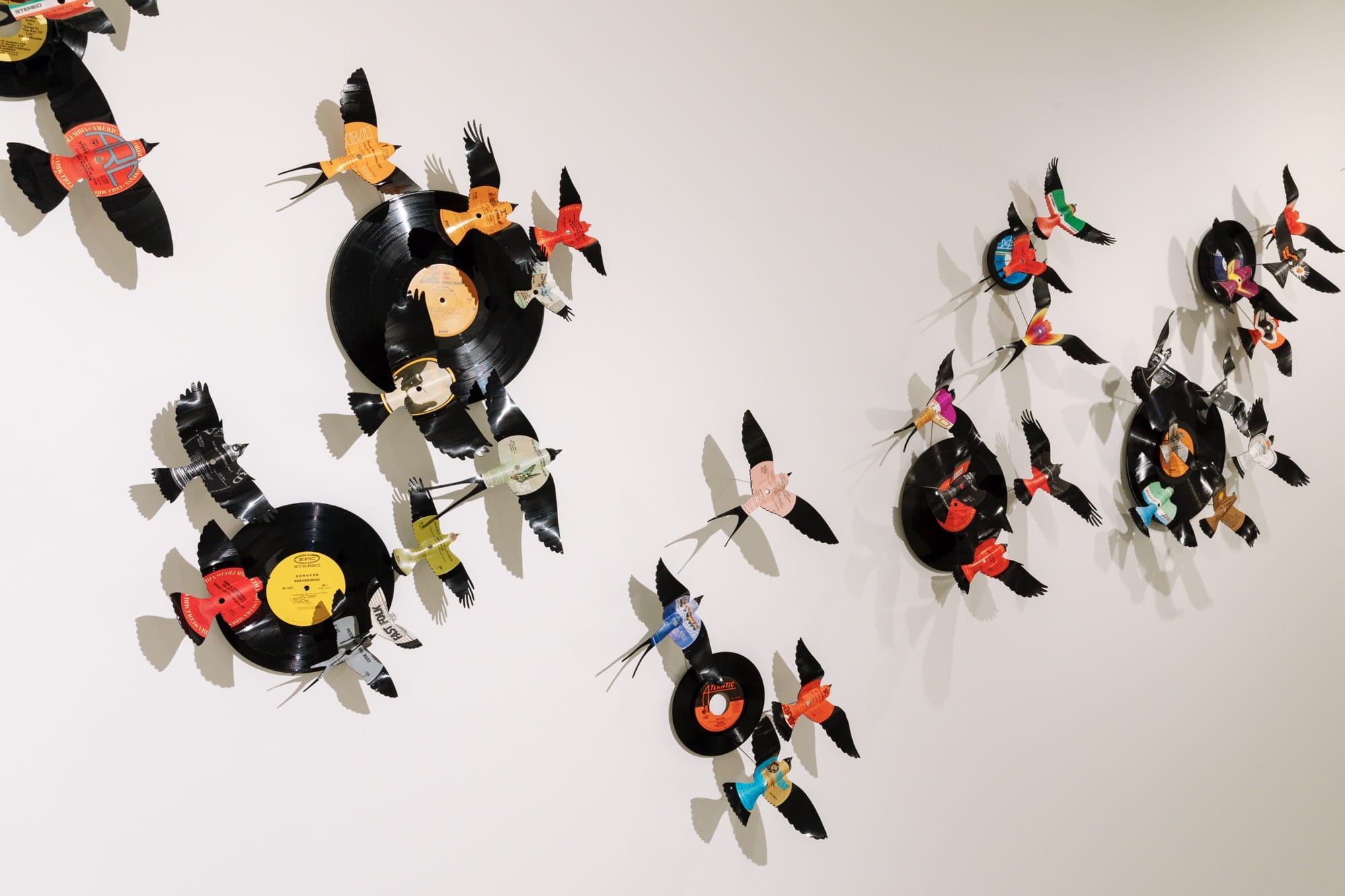 a detail of an installation of birds in flight across a gallery wall, made from old LPs