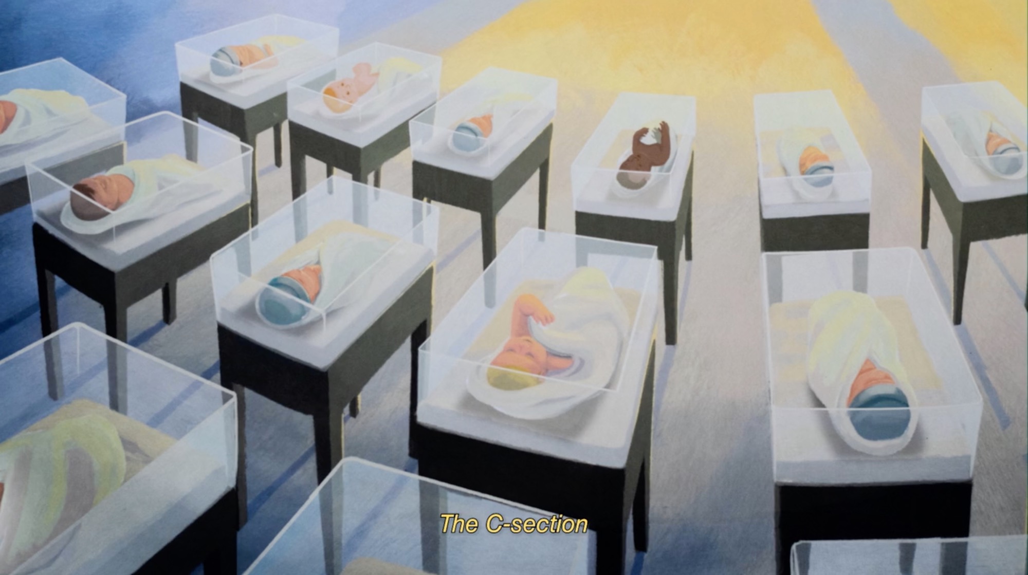 a still from a short animated film showing rows of babies in a maternity ward