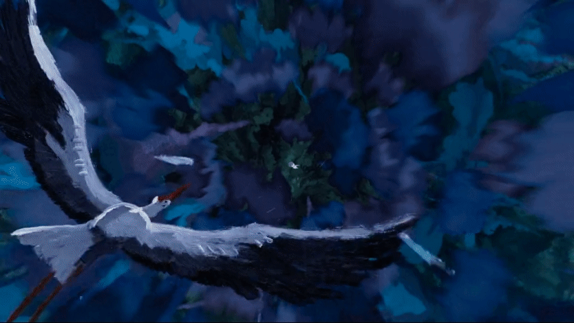 a gif from an animated film showing a stork swooping through a storm to save a sack it dropped